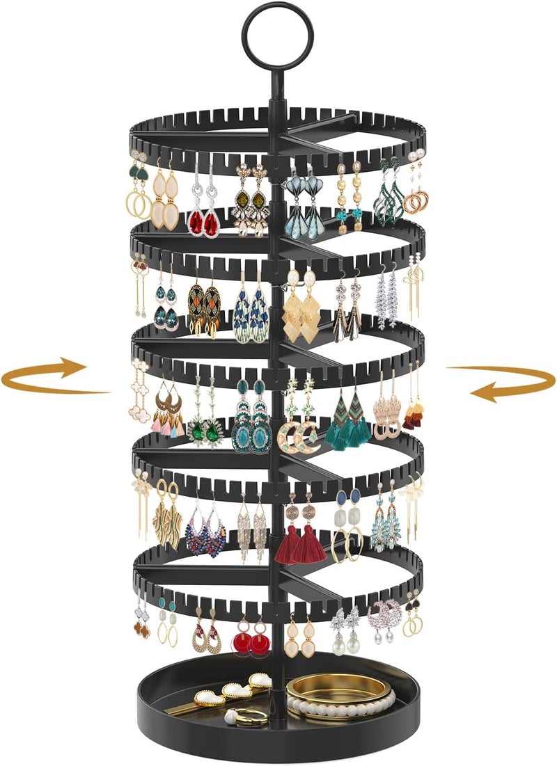 MODOWEY 5 Tier Rotating Earring Holder Organizer Display Tree with Metal Tray, Adjustable Plastic Stand with 285 Slots for Stud Hoop Hanger, Large Capacity Storage Rack for Women Space Saving, Black - Image 1